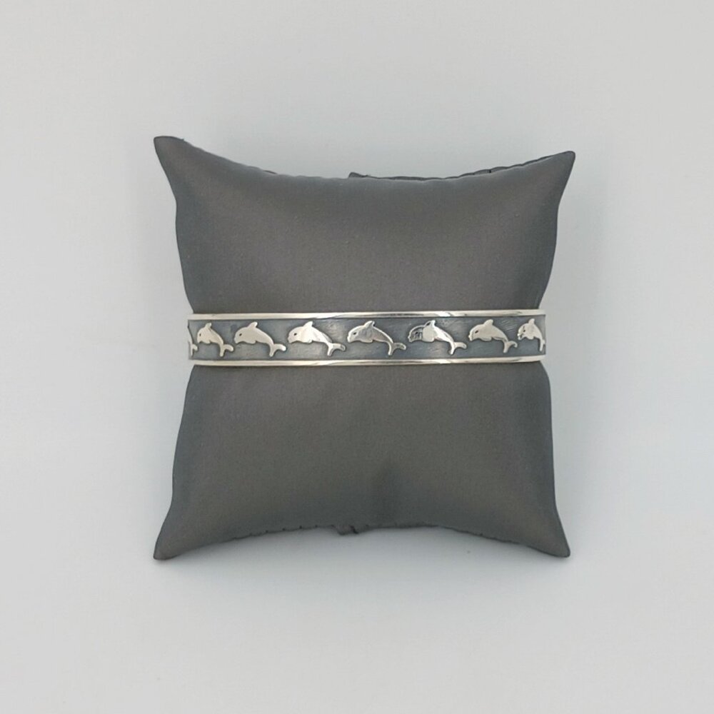 Dolphins Cuff Bracelet Solid .925 Sterling Silver - image 1